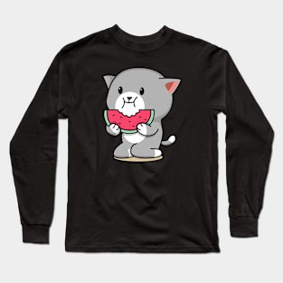 cat eating watermelon Long Sleeve T-Shirt